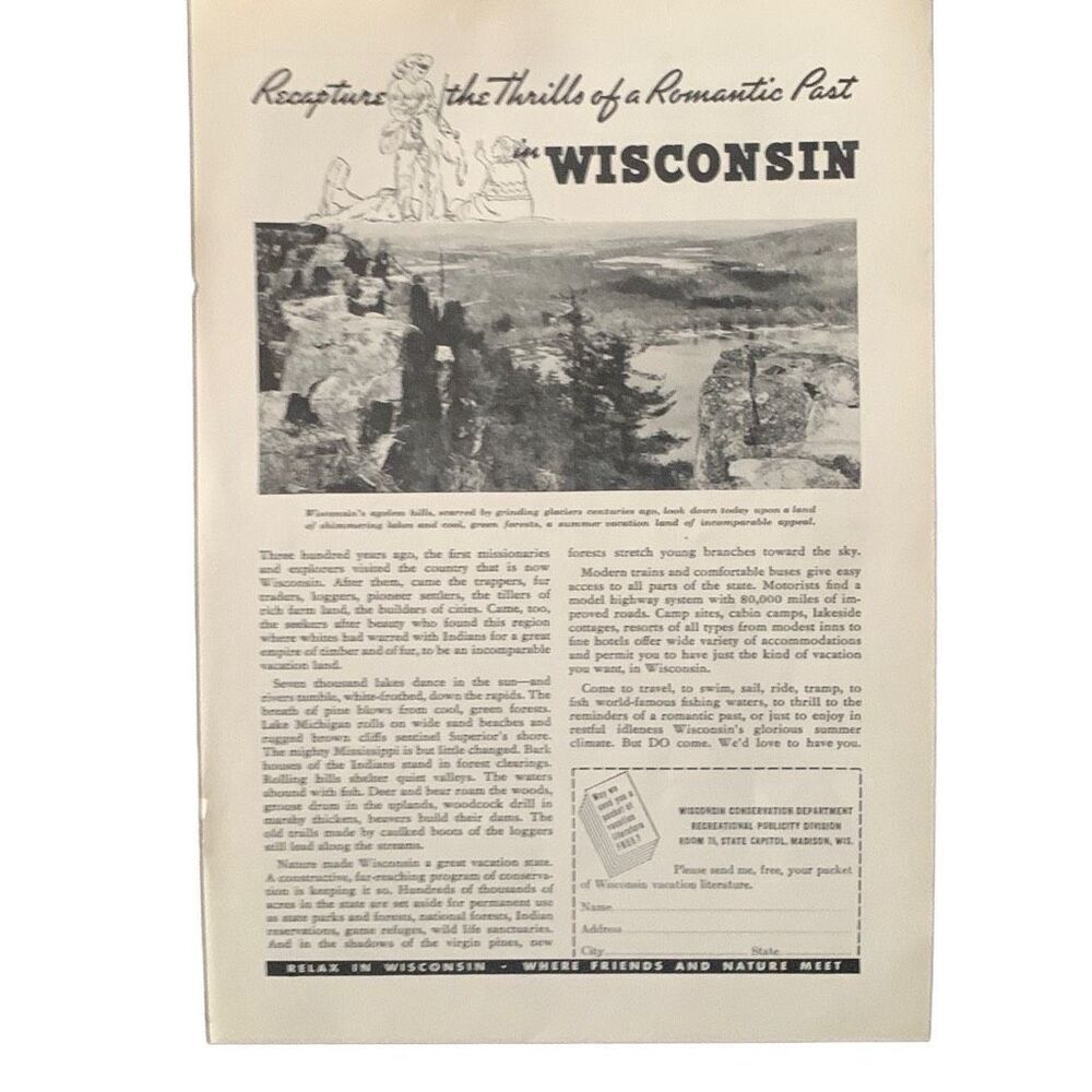 Vintage 1937 Wisconsin The Thrills of A Romantic Past Ad Advertisement